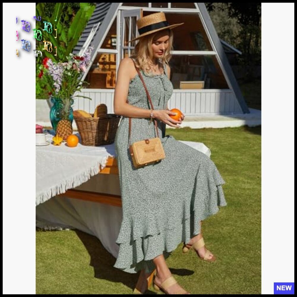 Floral Boho Maxi Dress Square Neck Strapped Swing A Line Sundress Beach - Picture 3 of 7